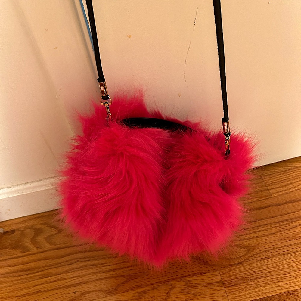 Fuzzy Hot Pink Crossbody Bag with Black Strap - Fun and Trendy